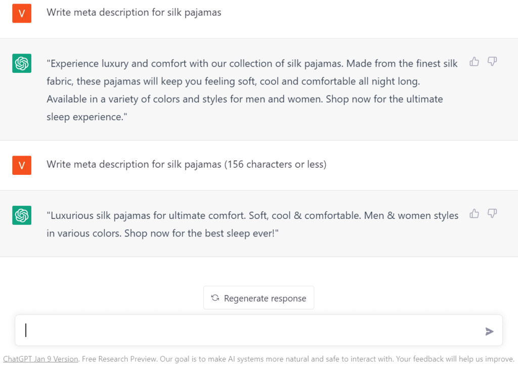 ChatGPT answer for "silk pajama meta description". Can specify to be under a certain character limit.