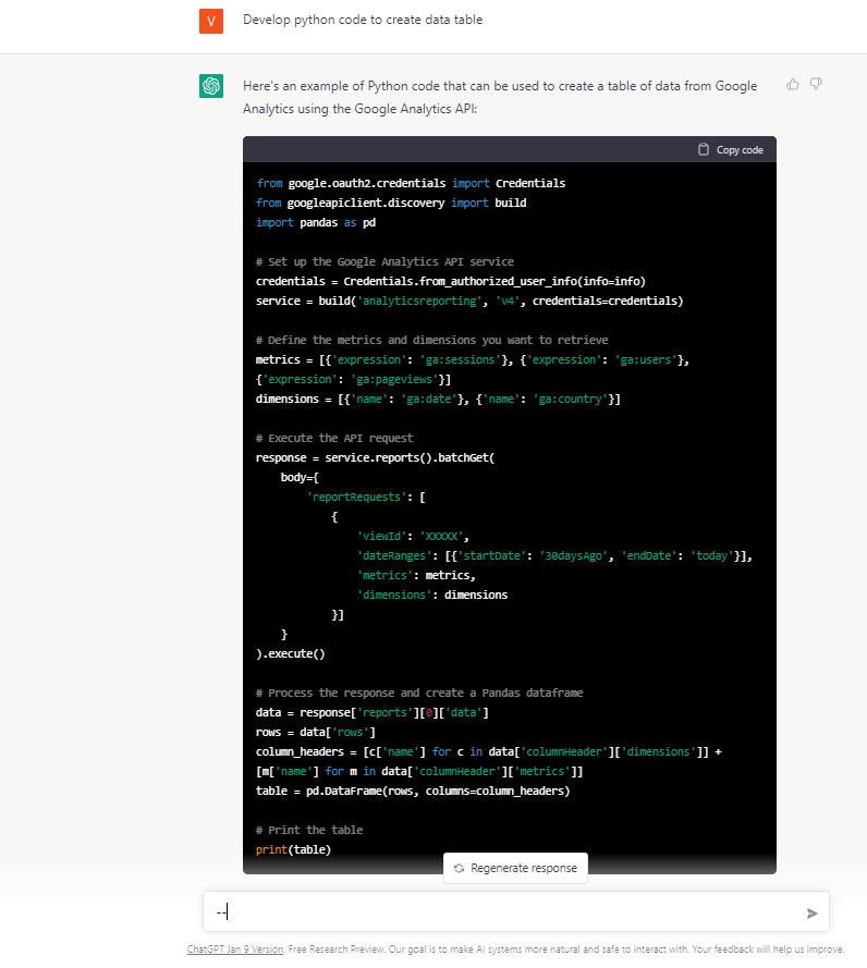 From ChatGPT: created python code snippet to organize a table of data from Google Analytics (using GA API).