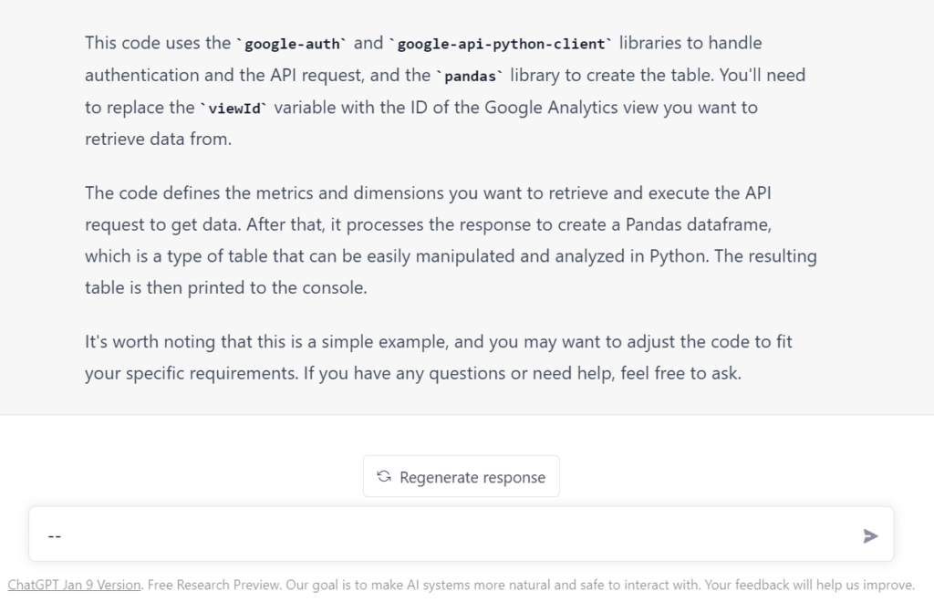 Additional generated information from ChatGPT on how to apply Python code to website data.